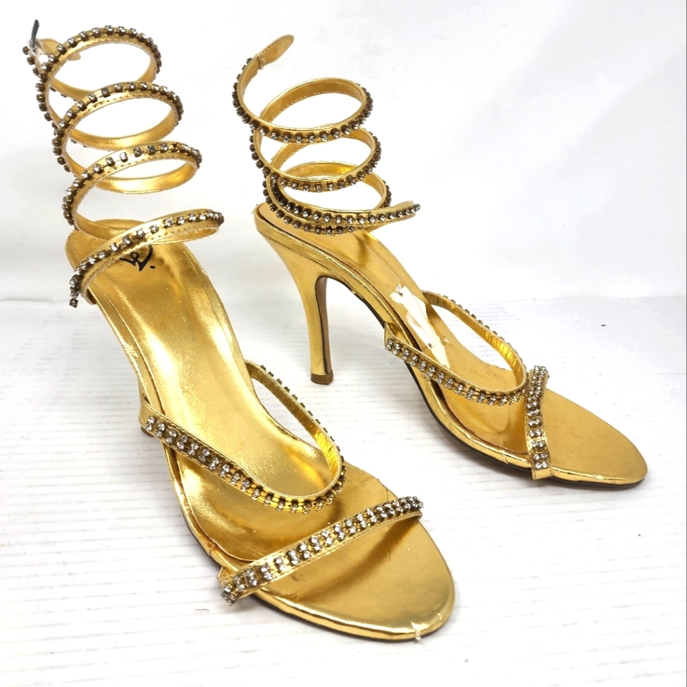 Gold Strappy Heels Rhinestone Detail Stilettoes Sandals Size 8.5